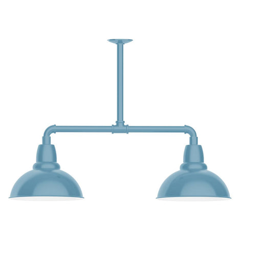 Cafe LED 2-light stem pendant light with two light-blue dome shades and arched bar