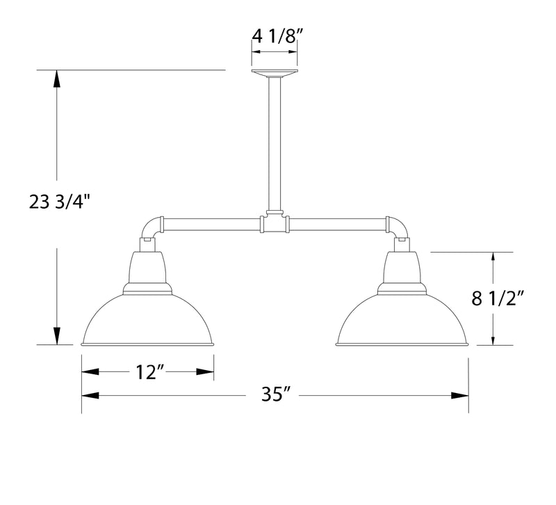 Two-light pendant light diagram showing 12 in shade width and 35 in overall length