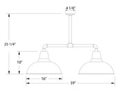Diagram of slate gray 2-light pendant: two dome shades, 16 in width