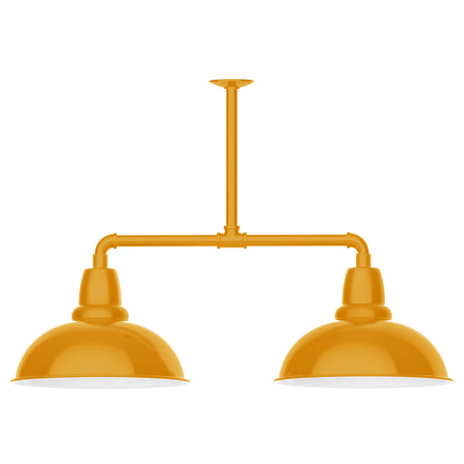 Bright yellow 2-light pendant light with two dome shades and horizontal bar