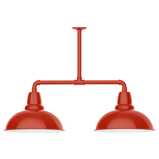 Vermillion two-light stem-hung pendant with two dome shades on a crossbar