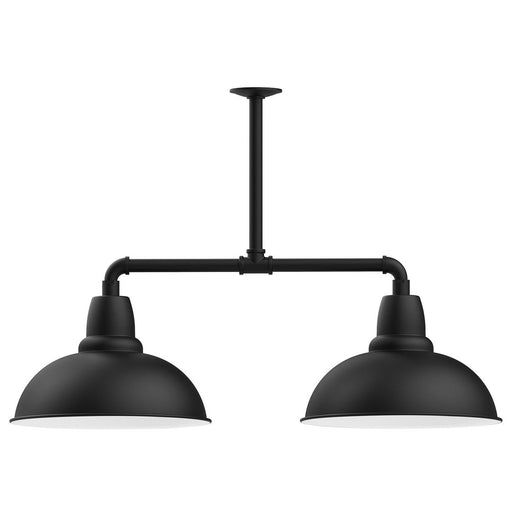 Black 2-light stem-hung pendant light with two domed metal shades