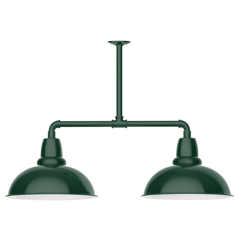 Forest green 2-light stem-hung pendant with twin dome shades