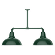 Two-light stem hung pendant light with forest green domed shades and crossbar