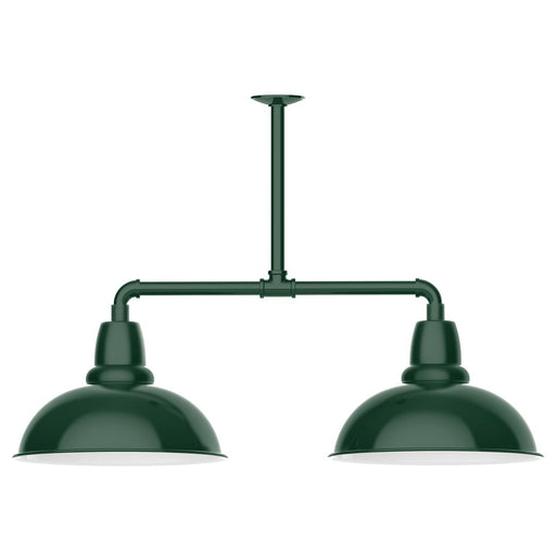 Forest green two-light stem pendant with two domed shades and horizontal bar