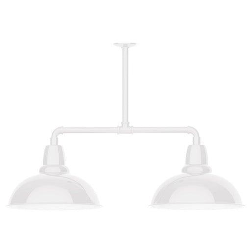 White 2-light stem-hung pendant light with two domed shades on a bar