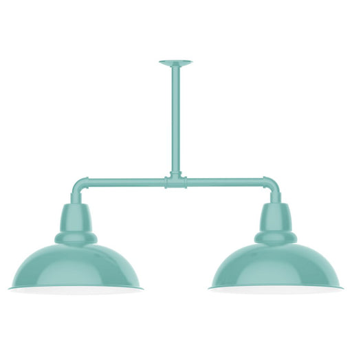 Sea green 2-light stem-hung pendant light with two dome shades and bar frame