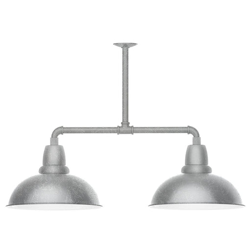 Two-light stem-hung pendant light with two dome shades and painted galvanized finish