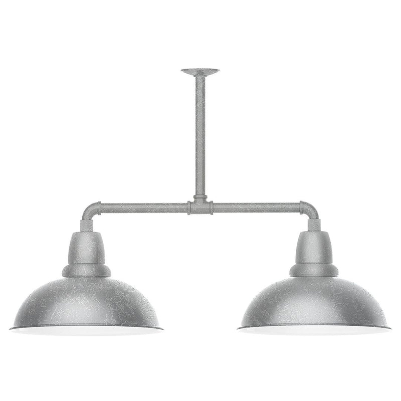 2-light stem hung pendant light with two gray domed metal shades, painted galvanized