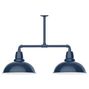 Navy two-light stem pendant with two dome shades on horizontal bar