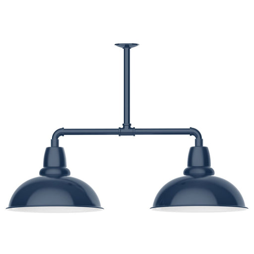 Navy two-light stem pendant with two dome shades on horizontal bar