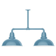 Light-blue two-light pendant light with two dome shades and metal crossbar
