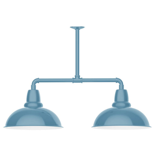 Light-blue two-light pendant light with two dome shades and metal crossbar