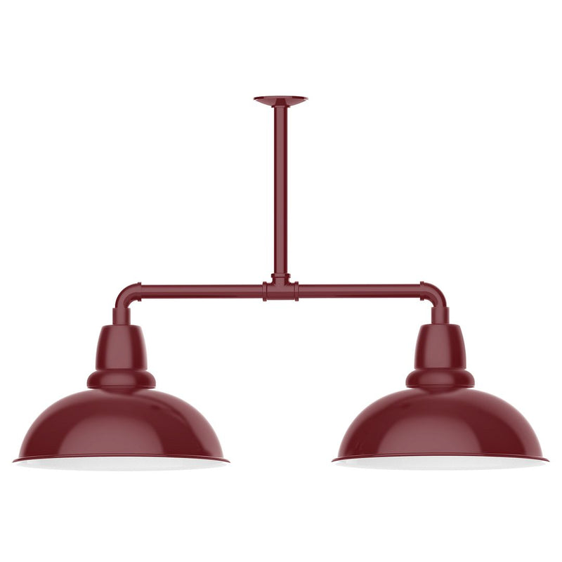 Barn red two-light pendant light with two dome shades and central stem bar
