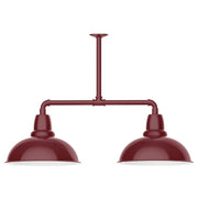 Barn red two-light stem-hung pendant light with two dome shades and crossbar
