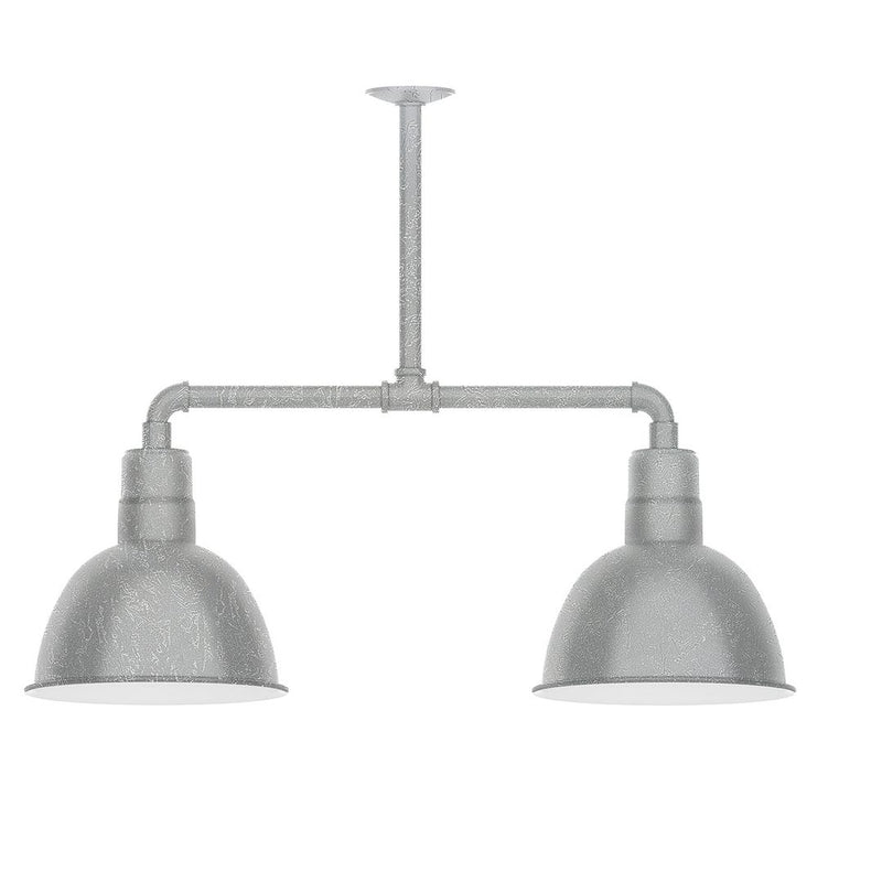 Two-light stem hung pendant with gray bell shades and metal canopy