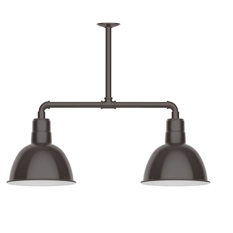 Two-light stem-hung pendant with architectural bronze bar and two dome shades