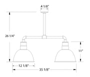 Two-light pendant light diagram with architectural bronze stem and two dome shades