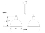 Two-light pendant size diagram with two domed shades, 16 in width