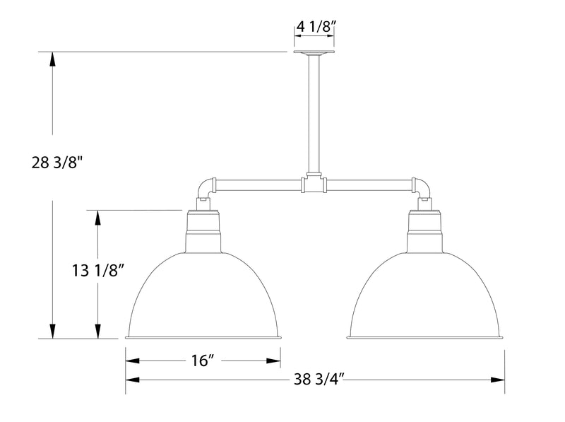 Two-light pendant size diagram with two domed shades, 16 in width
