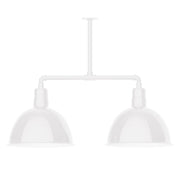 White two-light LED pendant light with two dome shades on a stem-hung bar