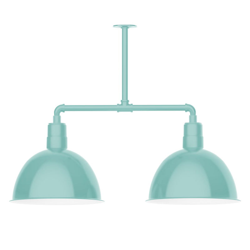 Sea green 2-light stem pendant with two deep bowl shades and horizontal bar