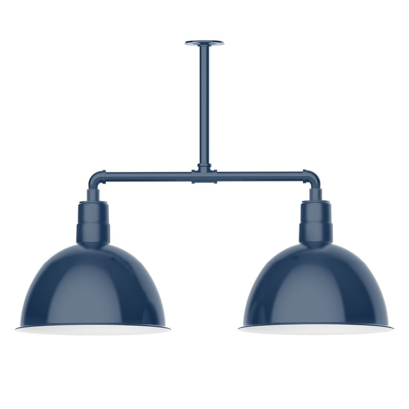 Two-light stem hung pendant light with navy domed glass shades