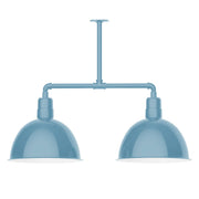 Light blue two-bulb stem-hung pendant light with deep bowl shades