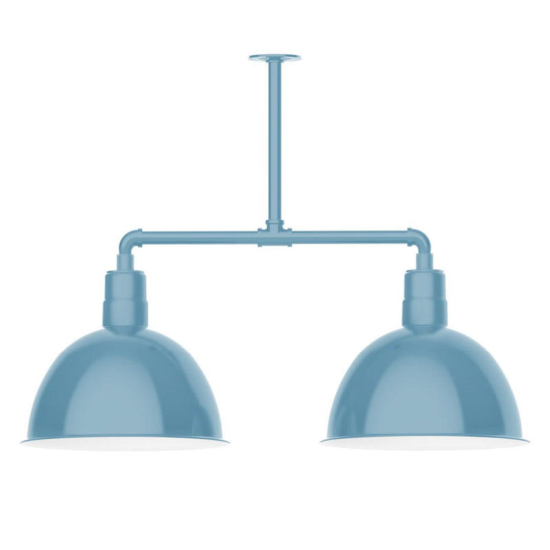 Light blue two-light stem hung pendant with two deep bowl shades