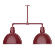 Barn red 2-light stem-hung pendant with two domed shades and crossbar mount.