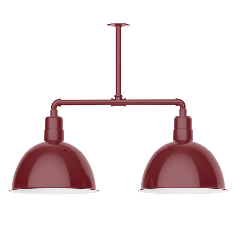 Barn red 2-light stem-hung pendant with two domed shades and crossbar mount.