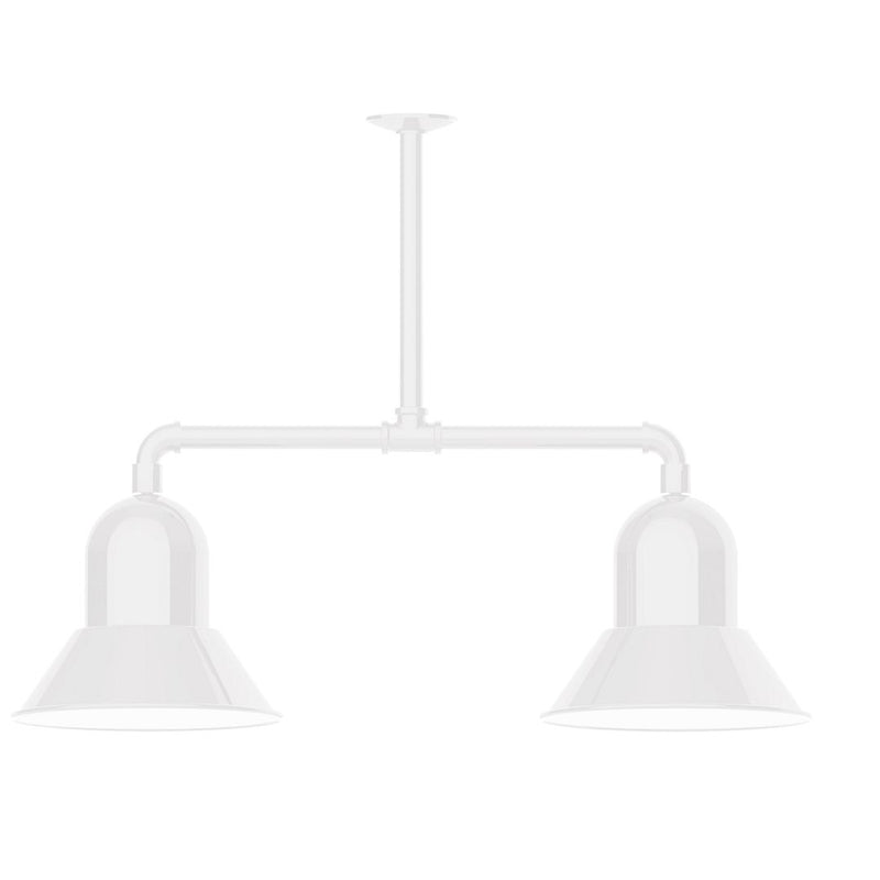 Two-light stem-hung pendant light with white bell shades and white metal bar