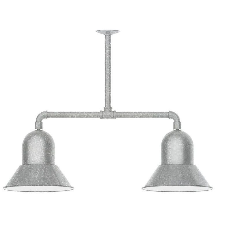 Two-light stem-hung pendant light with gray domed metal shades, brushed finish.