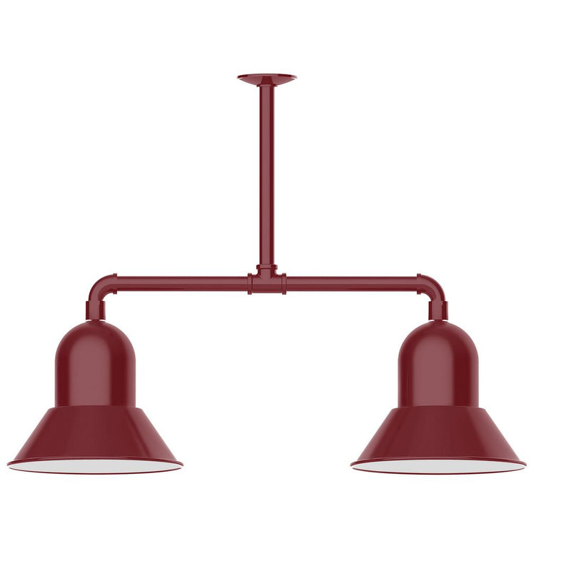 Barn red 2-light stem hung pendant light with two downward bell shades