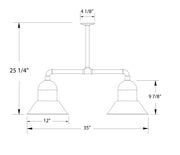 Two-light pendant with metal stem and domed shades; 12 in width.