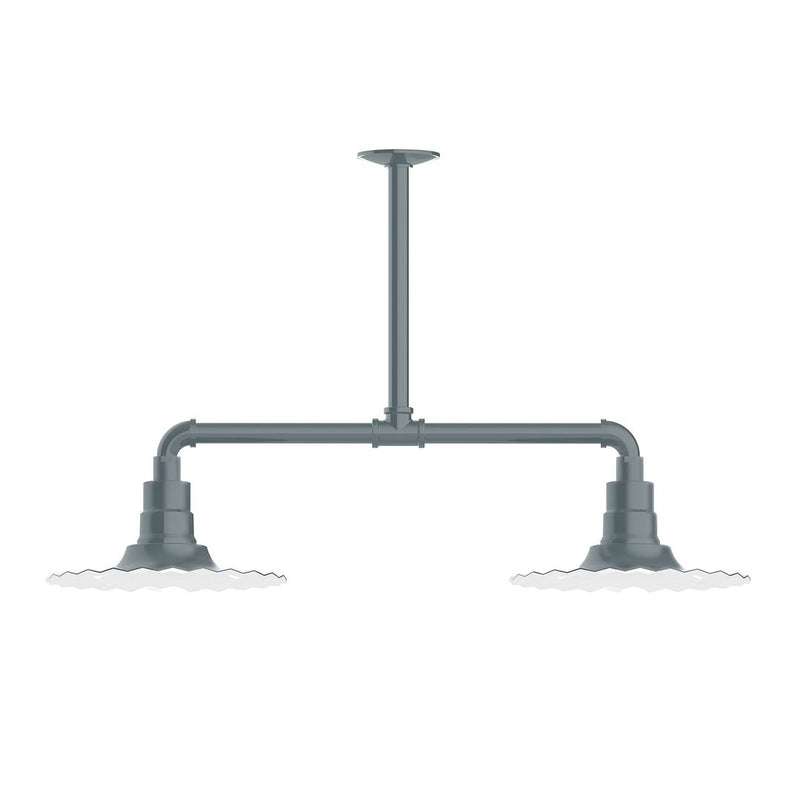 Slate gray two-light stem-hung pendant light with curved arms and two sockets