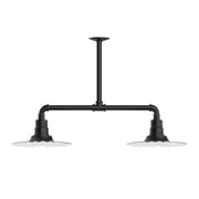 Black two-light stem-hung pendant light with bar arms and exposed socket fixtures