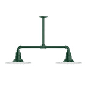 Forest green 2-light stem-hung pendant light with horizontal bar and candle-style sockets