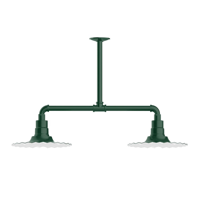Forest green 2-light stem-hung pendant light with horizontal bar and candle-style sockets