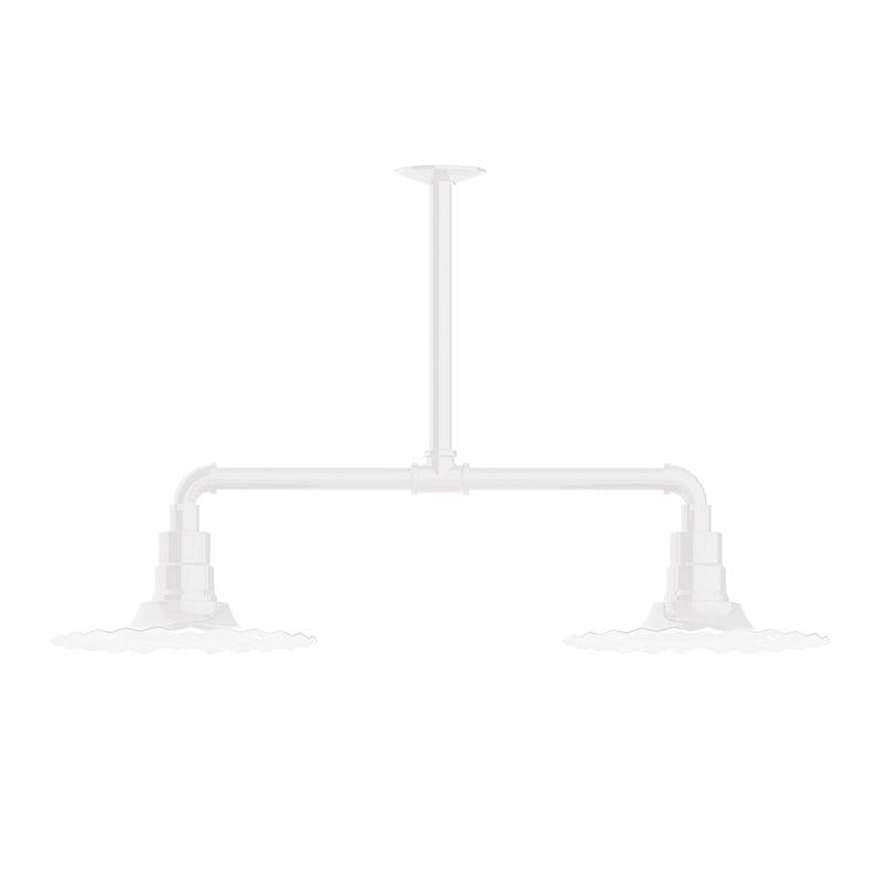 White stem-hung pendant light with two sockets on a horizontal bar