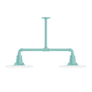 Sea green stem-hung pendant light with two socket arms and ceiling canopy