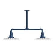 Navy stem-hung pendant light with two open shades and horizontal bar
