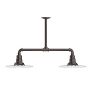 Two-light stem pendant with architectural bronze bar and two downward socket cups