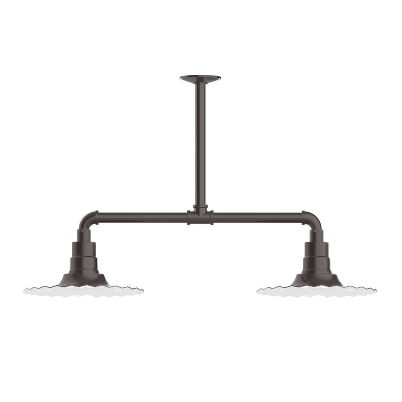 Architectural bronze stem-hung pendant light with two downward sockets and top canopy