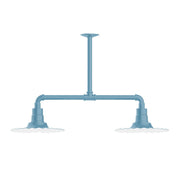 Light blue two-light stem hung pendant with horizontal bar and small bell shades