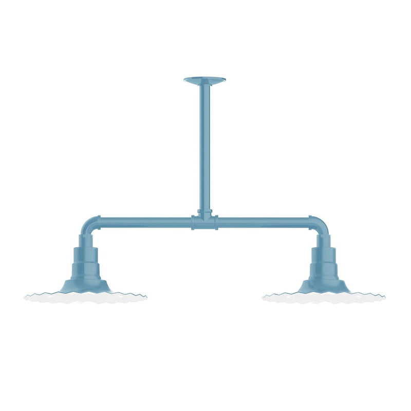 Light blue stem-hung pendant light with two downward sockets on a crossbar