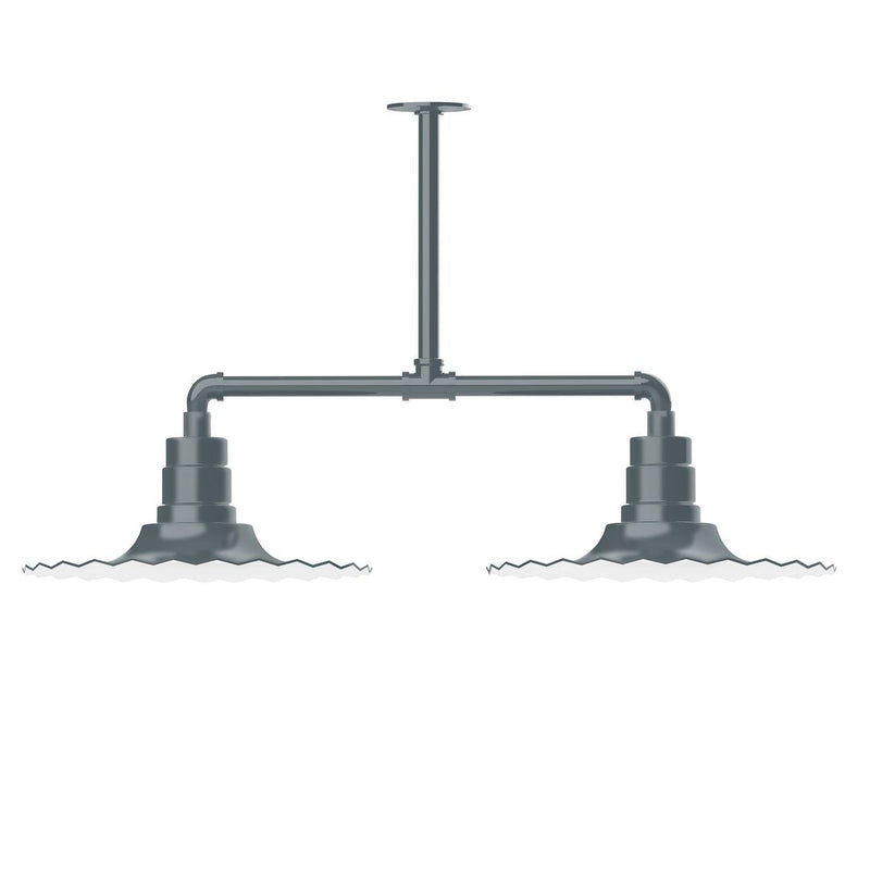 Slate gray two-light stem hung pendant light with two bell shades and radial frame