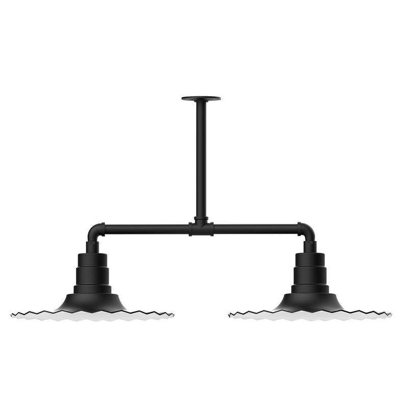 Black 2-light stem pendant with two cylindrical shades and horizontal arms