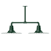 Forest green 2-light stem hung pendant light with two flared shades and bar arms