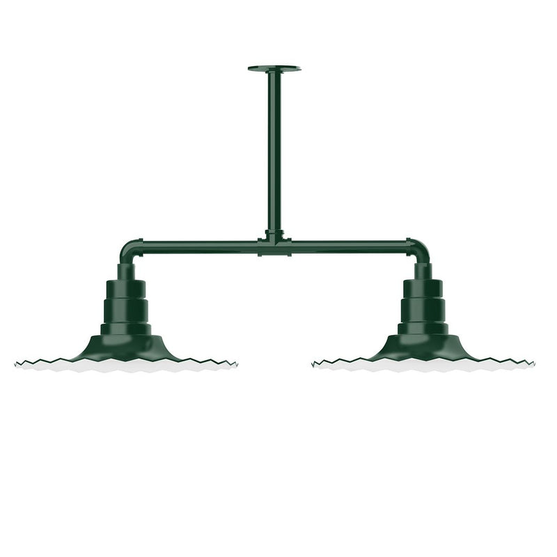 Forest green 2-light stem-hung pendant lamp with two downward lamp heads